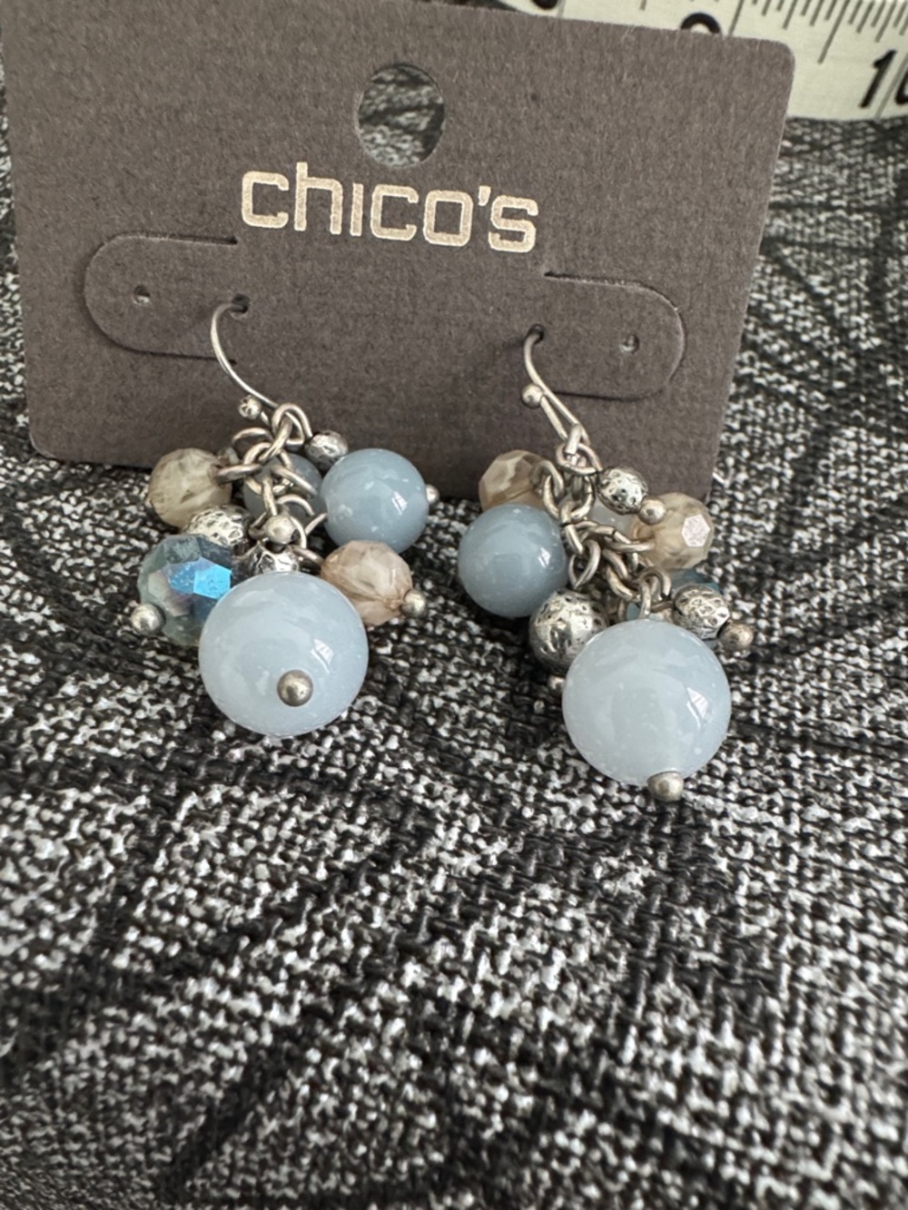 Chico's Soft Blue Beaded Cluster Drop Earrings with Silver